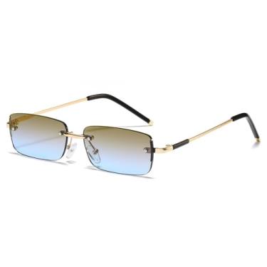 Imagem de Óculos de sol masculino sem aro, armação pequena, lentes coloridas, óculos modernos para mulheres, dourado, azul-chá, 13,8 cm
