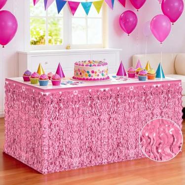 Imagem de Saia de mesa para o dia dos namorados, pacote com 2 saias de mesa de grama rosa, saias de mesa com franjas de folha de tinsel onduladas metálicas, saias de cortina de mesa para casamento, aniversário