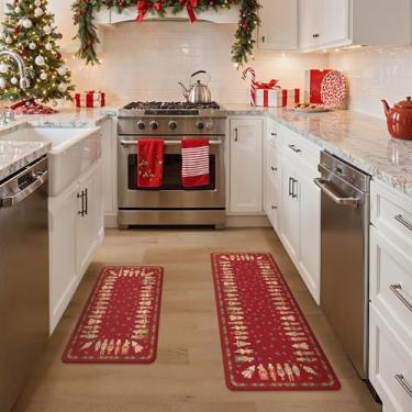 Imagem de GENIMO Decorações de Natal – Tapetes de cozinha para chão, 2 peças de tapetes de cozinha de Natal, tapete acolchoado antifadiga para decoração de casa, tapete antiderrapante impermeável para