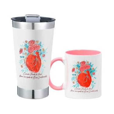 Imagem de Kit Copo Térmico Com Abridor e Caneca Coração Florido de Amor