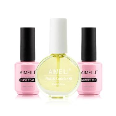 Imagem de AIMEILI Base e Top Coat Extrabrilhos e Óleo de Cutícula para Unhas, 3x15ml Esmaltes de Unhas e Sem Limpeza, Conjunto de Gel para Unhas em UV LED Kit