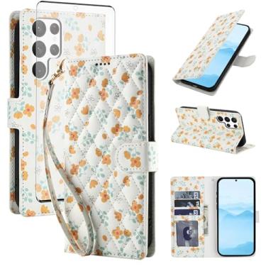 Imagem de Asuwish Capa de celular para Samsung Galaxy S23 Ultra 5G carteira celular com protetor de tela de vidro temperado porta-cartão de flores com suporte para cartão S23Ultra 23S S 23 23Ultra 17.3 cm