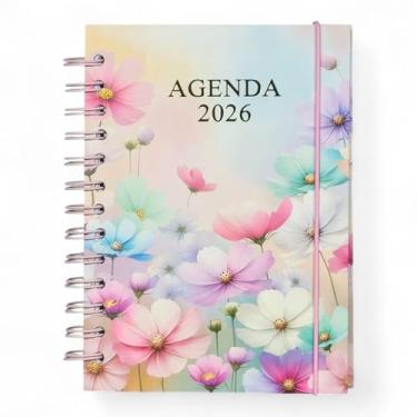 Imagem de Agenda 2026 Capa Dura Compacta, 15x11 cm, 168 Folhas Pautadas, Espiral Metálica, Design Decorativo (Flores Coloridas)