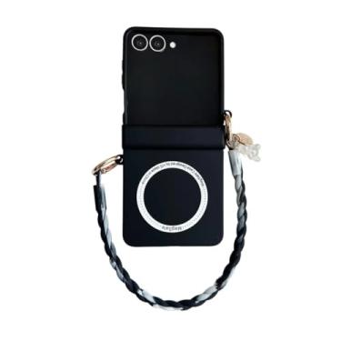 Imagem de Capa para Galaxy Z Flip6 com alça magnética fosca e proteção para celular em cores pastéis com dobradiça (para Galaxy Z Flip6/preto)