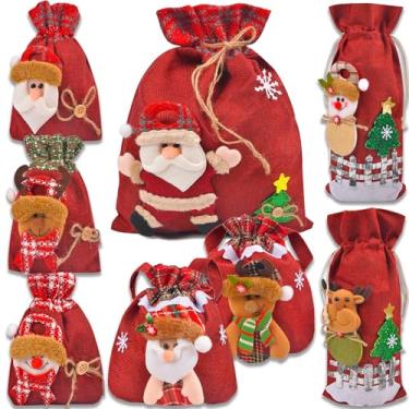 Imagem de Bolsa de presente de Natal com design 3D - 8 peças, sacos de presente com cordão de Natal, sacos de tecido, sacos de petiscos, sacos de vinho com Papai Noel, boneco de neve para presente reutilizável