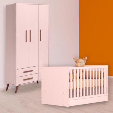 Imagem de Infantil Berço Mini Cama e Guarda Roupa Retrô 3P 2G Rosa - Qmovi