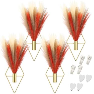 Imagem de Hanaive 4 conjuntos de vasos de parede boho para decoração de parede de metal com exibição artificial de pampas, vaso de casa moderno para quarto, escritório em casa (marrom, laranja, bege, folhas de