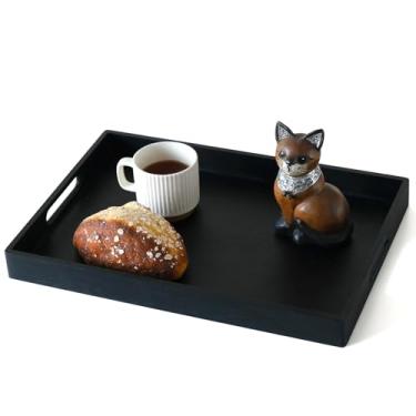 Imagem de Bandeja de madeira preta com alças, bandeja de madeira de 43 cm para otomano, café da manhã, almoço, jantar, bandeja retangular decorativa para sala de estar, balcão de cozinha, ambiente externo