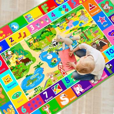Imagem de Mfmiudole Tapete infantil para sala de jogos, tapete educativo macio e antiderrapante com alfabeto ABC, animais de zoológico, números, tapete de brincar para crianças, tapetes de sala de aula, tapete