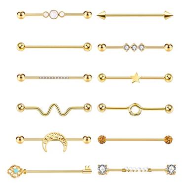 Imagem de Masedy 12 peças de brincos industriais de aço inoxidável 14 G para mulheres, homens, cartilagem industrial, piercing de andaime de 38 mm, 3,8 cm, Metal, n/a,
