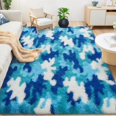 Imagem de AROGAN Tapetes macios e felpudos, para quarto de meninas, sala de jogos, 9 x 12 m, tapete fofo e colorido de princesa para crianças, adolescentes, berçário, quarto, camuflagem azul e branco