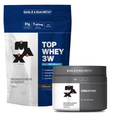 Imagem de Kit Top Whey 3W - 1800g Refil Chocolate + Creatina - 300g - Max Titanium-Unissex