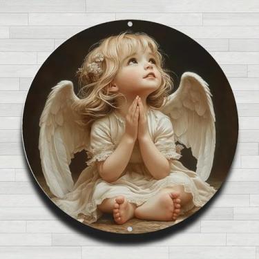Imagem de Angelic Baby Praying with Large Wings Vintage Placa de parede redonda de alumínio rústico - 20 cm, presentes e decoração para ambientes internos e externos para casa, escritório, café e quintal
