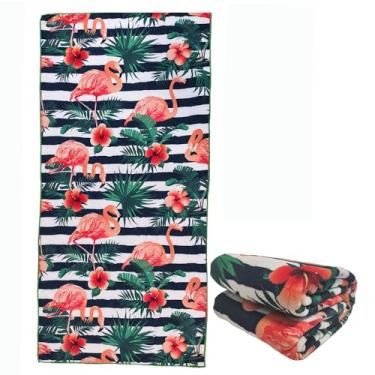 Imagem de Toalhas de praia de flamingo listradas pretas e brancas extra grandes para adultos, tecido felpudo grosso de microfibra grande à prova de areia secagem rápida 76 x 152 cm