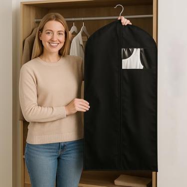 Imagem de Bolsas sociais para vestidos, bolsas de vestuário para pendurar roupas, capa com janela transparente para camisas, ternos, casacos, jaquetas, malhas, preto, 109 cm, pacote com 2