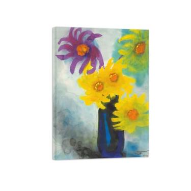 Imagem de Pôster e impressões em tela de flores vintage - reprodução de pintura de arte de parede famosa - dálias amarelas e roxas - imagens prontas para pendurar tela emoldurada de 80 x 115 cm 31 x 45 pol