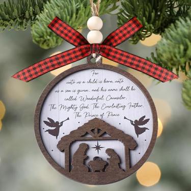 Imagem de Enfeites de Natal, decorações de árvore, enfeites de pendurar para 1 peça, 2 camadas esculpidas em volta da história da natividade, decoração de casa ao ar livre e interna