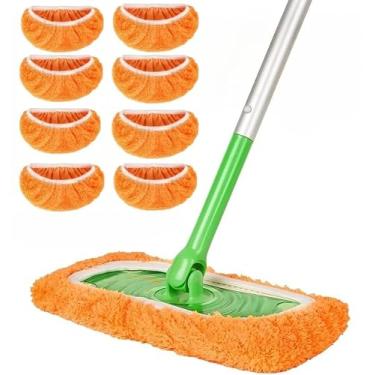 Imagem de Almofadas de esfregão de microfibra – Pacote com 8 refis laváveis reutilizáveis para limpeza de piso molhado e seco - Serve na maioria dos esfregões padrão - Almofadas de limpeza doméstica laranja