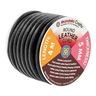 Imagem de Mandala Crafts Cordão redondo de couro legítimo, corda de couro natural para fabricação de joias, trançado Kumihimo, cadarços (5 mm, preto)