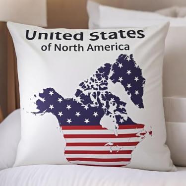 Imagem de Almofada com bandeira do mapa dos EUA, almofada de bandeira americana vermelha e branca de 45,7 x 45,7 cm com estrelas, almofada decorativa de sofá e cama para decoração de casa patriótica