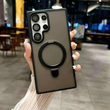 Imagem de YOGISU Capa fosca com suporte magnético de anel de metal e protetor de lente para Galaxy S25 Plus (preto)