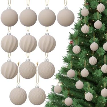 Imagem de Wlilupah 12 bolas de Natal de veludo creme, a granel, 6 cm, enfeites de bola de árvore de Natal flocados feitos à mão, bolas de veludo, enfeites de plástico, lâmpadas de Natal para decoração de festa