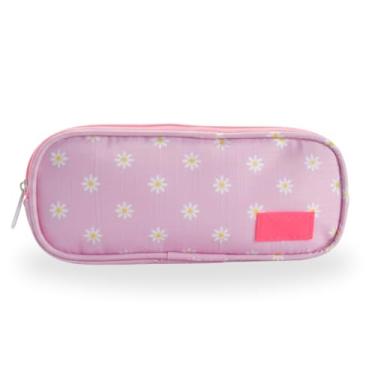 Imagem de Estojo Escolar Duplo Juvenil com Estampa de Margaridas, Rosa, 2 Compartimentos com Zíper, Tecido Resistente