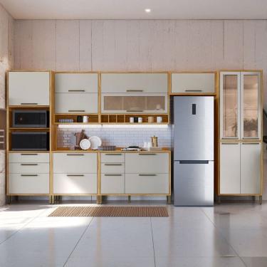 Imagem de Armário de Cozinha Modulada com Balcão e Tampo 14 Portas 6 Gavetas ágata 100% Mdf Vidro Reflecta Amêndoa/Off White - Pnr Móveis