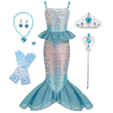 Imagem de Gesikai Fantasia de sereia para meninas, vestido de sereia, fantasia de Halloween para meninas, Azul, 9-10 Anos