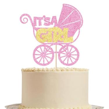 Imagem de Gtseryeio Topo de bolo It's a Girl, decorações de menina doce, chá de bebê/decoração de festa revelação de gênero, suprimentos de decoração de festa de 1º aniversário para meninas (rosa)