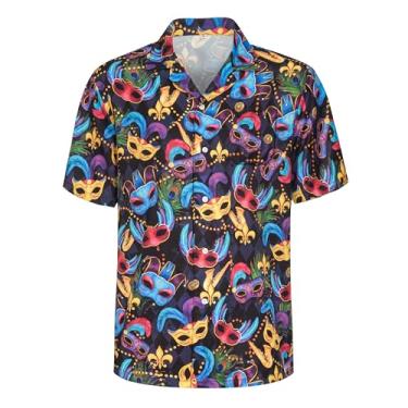 Imagem de Kosgraiy Camisa masculina Mardi Gras manga curta abotoada, roupa de carnaval para homens, camisas casuais havaianas engraçadas de praia, camisetas masculinas estampadas de carnaval, máscara, 3GG