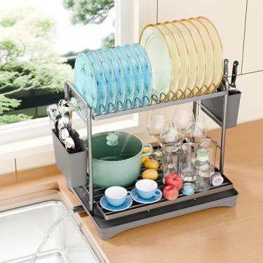 Imagem de Simple Trending Escorredor de louça para balcão de cozinha, organizadores de cozinha de grande capacidade de 2 níveis e rack de armazenamento com suporte de talheres, prata