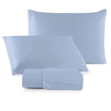 Imagem de Jogo De Lençol Minimal Casal 3 Peças Malha 100% Algodão Liso Azul