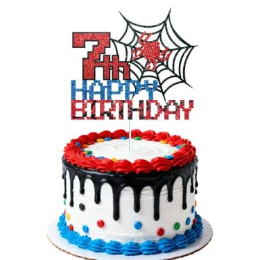 Imagem de Topo de Bolo Aniversário Aranha Pixelado, Topo Bolo Aniversário com Teia Aranha Brilhante para Meninos Meninas Lembrancinhas e Decoração para Festa Temática (7º)