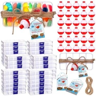 Imagem de Wonderjune 72 conjuntos de lembrancinhas de festa de pesca doces pequenas caixas de equipamentos com flutuador vermelho branco cartões de agradecimento para fazer meu carretel divertido tema de pesca