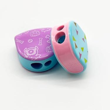 Imagem de ABC Apontador Duplo Escolar com Depósito, Design Meia Lua, Cores Sortidas Rosa, Roxo, Verde e Azul, Embalagem com 12 Unidades