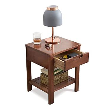 Imagem de Mesa de cabeceira de madeira maciça com 1 gaveta, mesa lateral pequena com armazenamento, para sala de estar, quarto, espaços pequenos e estreitos, mesa de cabeceira industrial
