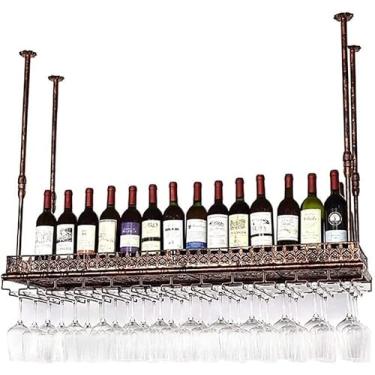 Imagem de Prateleiras de vinho suspensas no teto, suporte de taça de vinho suspenso de metal | Suporte de garrafa de vinho Suporte de taça para bar de cozinha doméstica, bronze vintage (tamanho: 100 × 35 cm (39
