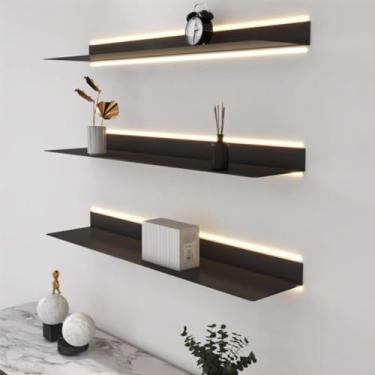 Imagem de 3FLQOOPP Prateleiras flutuantes de metal, prateleira flutuante montada na parede com luz branca de LED embutida para sala de estar, escritório, quarto, banheiro, conjunto de 3 (preto 80 x 20 x 6 cm