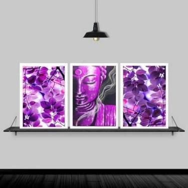 Imagem de Kit 3 Quadros Buda Zen Folhas Roxas 33X24Cm Moldura Branca - Quadros O