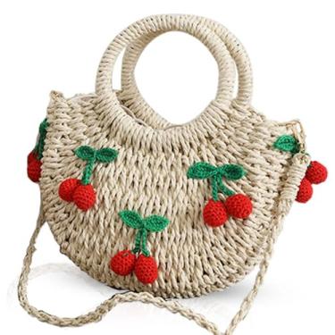 Imagem de QTKJ Bolsa de mão de palha de vime semicírculo, sacola feminina retrô de verão com bonecas, Bege, 6.29''x 9.84''