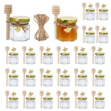 Imagem de 24 Pacotes de potes vidro hexagonais 1 5 oz com tampas palitos mel madeira pingentes abelha corda juta para lembranças casamento Geleias decoração festa artesanato DIY conjunto em bulk
