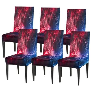 Imagem de hongjinglin Conjunto de 6 capas elásticas para cadeira de sala de jantar, capa protetora de assento de cadeira, vermelho, azul, fresco, removível, lavável, para cozinha, casa, hotel, banquete, festa