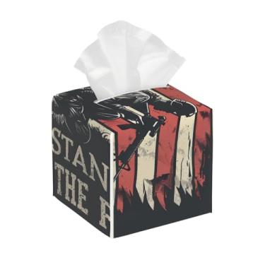 Imagem de Capa quadrada de couro para caixa de lenços à prova d'água, bandeira retrô americana, organizador de papel facial com cinto inferior, estojo de lenços para mesa, banheiro, escritório, mesa, carro