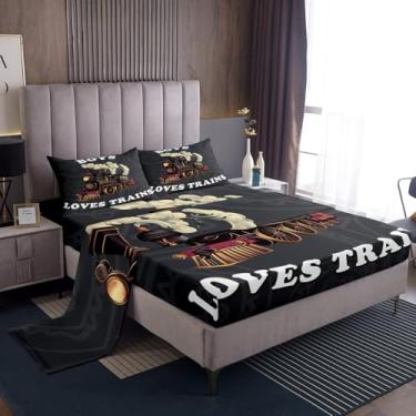 Imagem de Feelyou Jogo de lençol solteiro vintage, trem vintage, motor a vapor, veículo ferroviário, locomotiva, transporte de locomotiva, lençol com elástico para decoração de quarto
