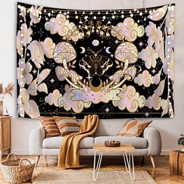 Imagem de HuxtleEssentials Tapeçarias de mariposa estética pastel tapeçaria de cogumelo hippie, lua e estrelas, decoração preta para pendurar na parede de quarto dormitório (130 x 150 cm)