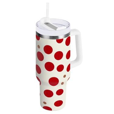 Imagem de GUIJI Copo Red Dots 1,134 g com alça, copo reutilizável de aço inoxidável com tampa e canudo, caneca de viagem à prova de vazamento, garrafa de água mantém frio ou quente