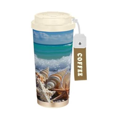 Imagem de SEHANY Caneca de viagem Summer Sea Beach Starfish 482 g Copos de café reutilizáveis revestidos de cerâmica com tampa à prova de vazamento, parede dupla, isolamento a vácuo, copo de café de aço