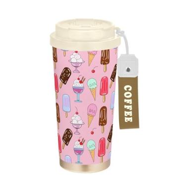 Imagem de SEHANY Caneca de viagem de sorvete fofa de 500 ml Copos de café reutilizáveis revestidos de cerâmica com tampa à prova de vazamento, parede dupla, isolamento a vácuo, copo de café de aço inoxidável