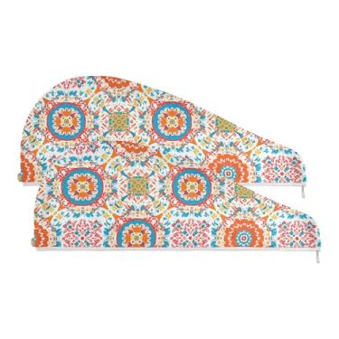 Imagem de SEHANY Toalha de cabelo de microfibra boêmia colorida vintage para mulheres, 2 peças, turbantes de cabelo de secagem rápida com botão, touca de cabelo seco absorvente toalha de secagem de cabelo para